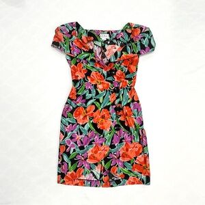 Vintage Ann Tjian For Kenar Petites Cotton Graphic Floral Off Shoulder Dress